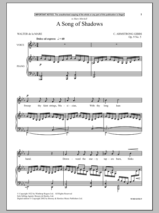 Download Cecil Armstrong Gibbs A Song Of Shadows Sheet Music and learn how to play Piano & Vocal PDF digital score in minutes