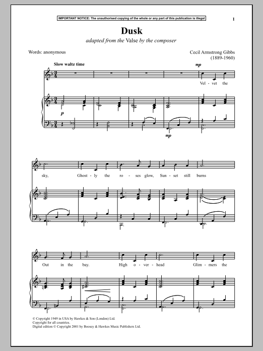Download Cecil Armstrong Gibbs Dusk (Adapted from The Valse) Sheet Music and learn how to play Piano PDF digital score in minutes