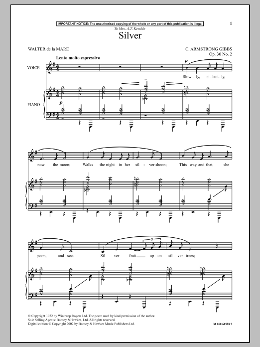 Download Cecil Armstrong Gibbs Silver Sheet Music and learn how to play Piano & Vocal PDF digital score in minutes