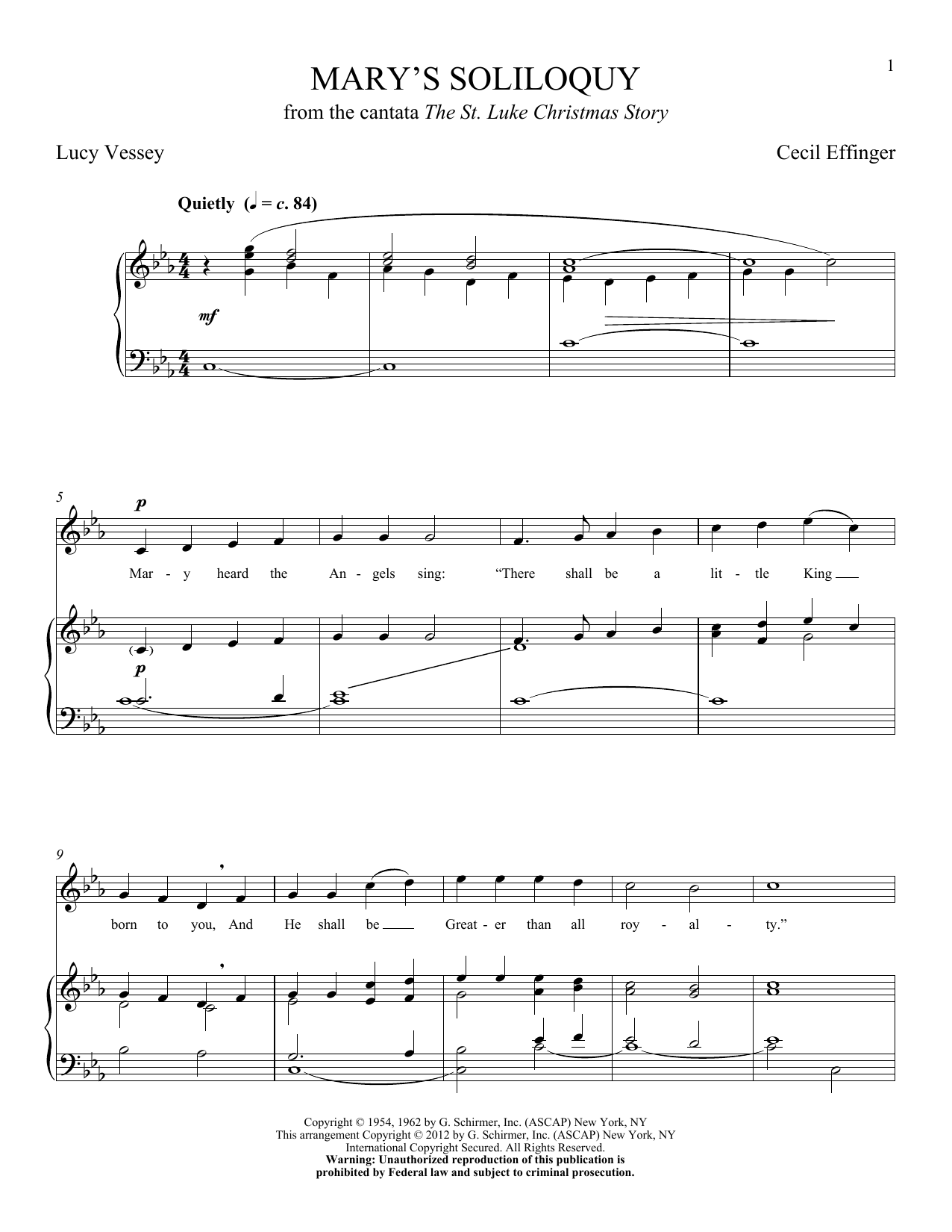 Download Cecil Effinger Mary's Soliloquy (from 'The St. Luke Christmas Story') Sheet Music and learn how to play Piano & Vocal PDF digital score in minutes