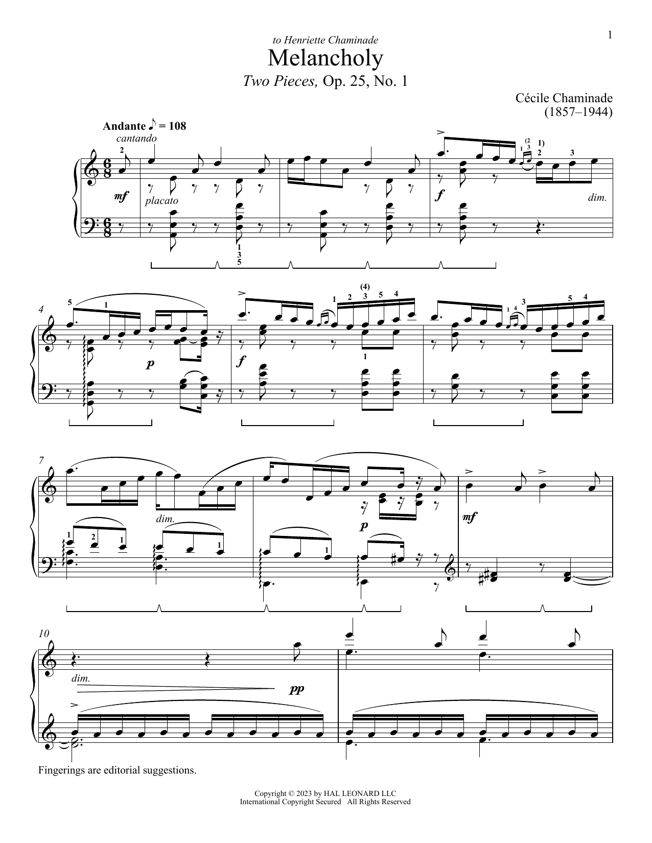 Download Cecile Chaminade Melancholy Sheet Music and learn how to play Piano Solo PDF digital score in minutes