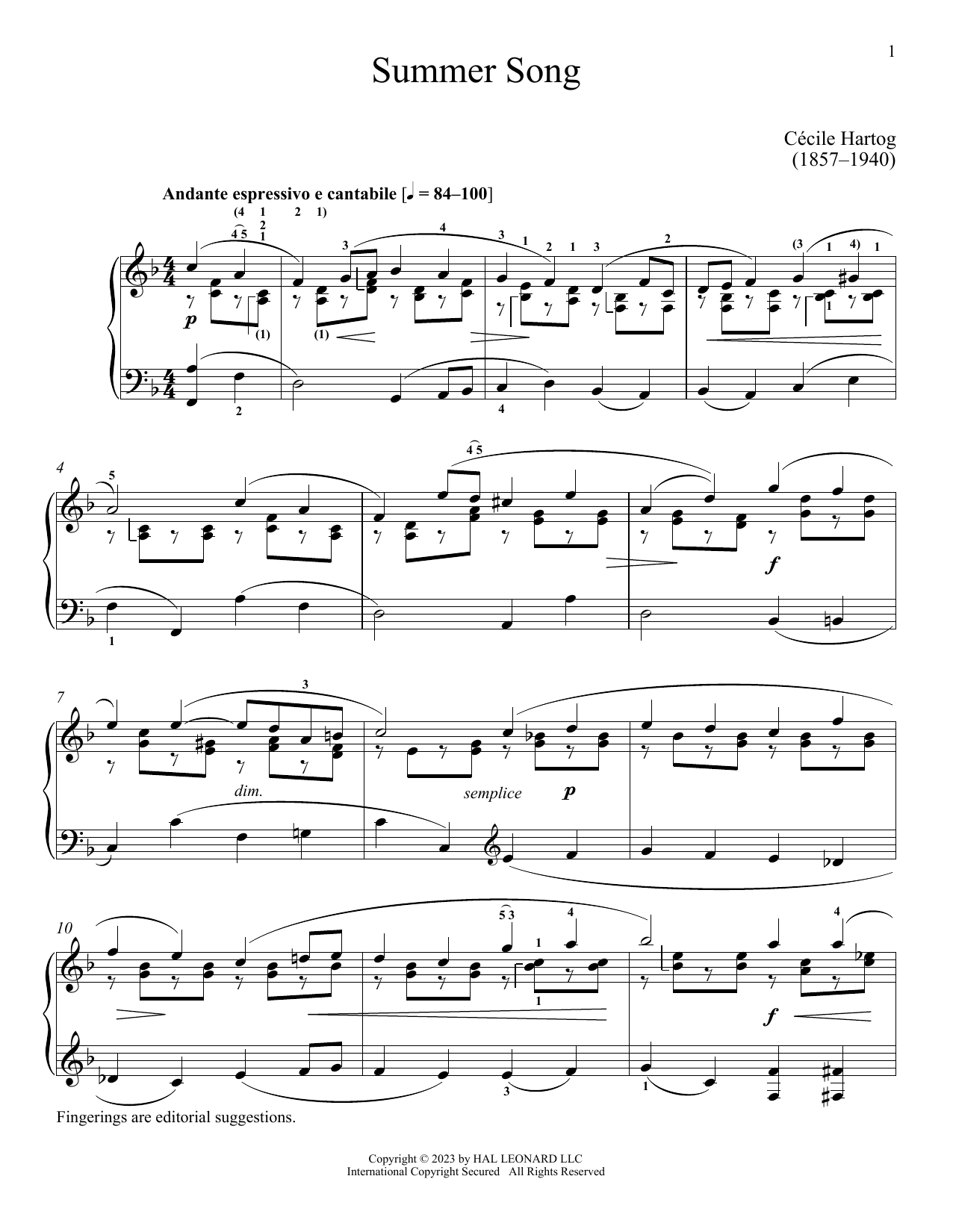 Download Cecile Hartog Summer Song Sheet Music and learn how to play Piano Solo PDF digital score in minutes