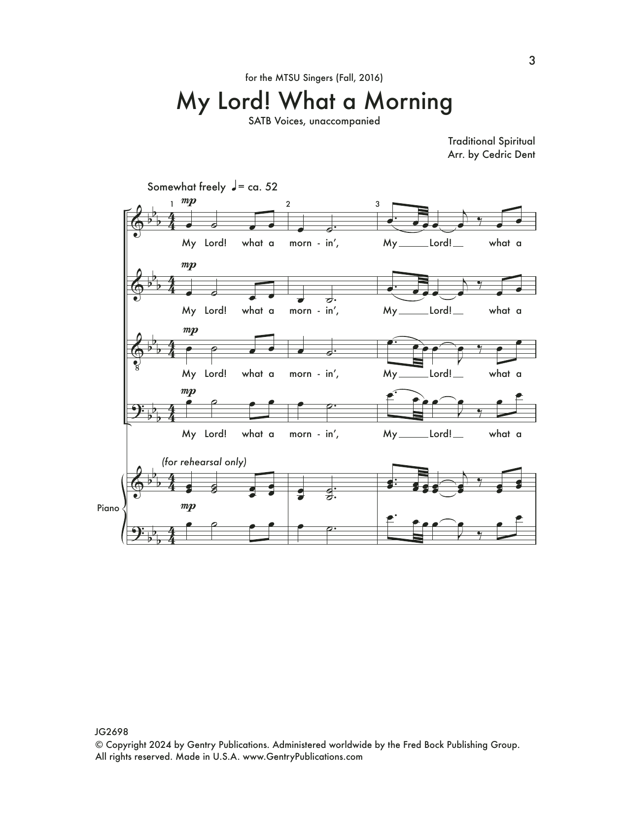 Download Cedric Dent My Lord! What A Morning Sheet Music and learn how to play SATB Choir PDF digital score in minutes