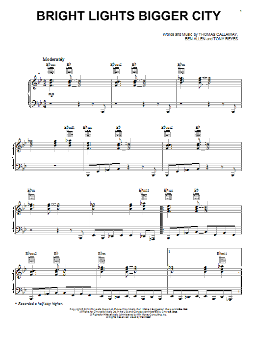 Download Cee Lo Green Bright Lights Bigger City Sheet Music and learn how to play Piano, Vocal & Guitar (Right-Hand Melody) PDF digital score in minutes