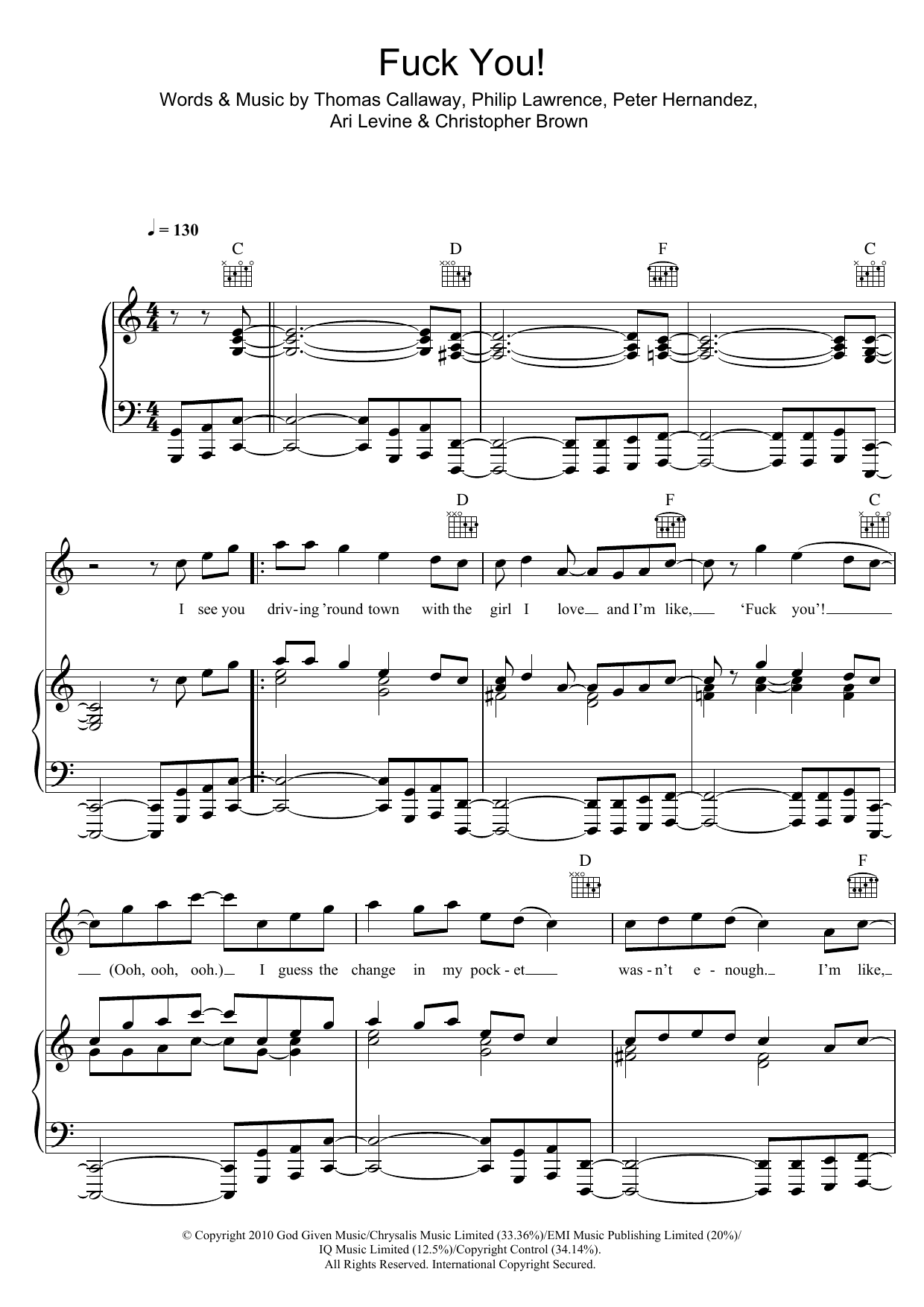 Download Cee Lo Green Fuck You! Sheet Music and learn how to play Piano, Vocal & Guitar (Right-Hand Melody) PDF digital score in minutes