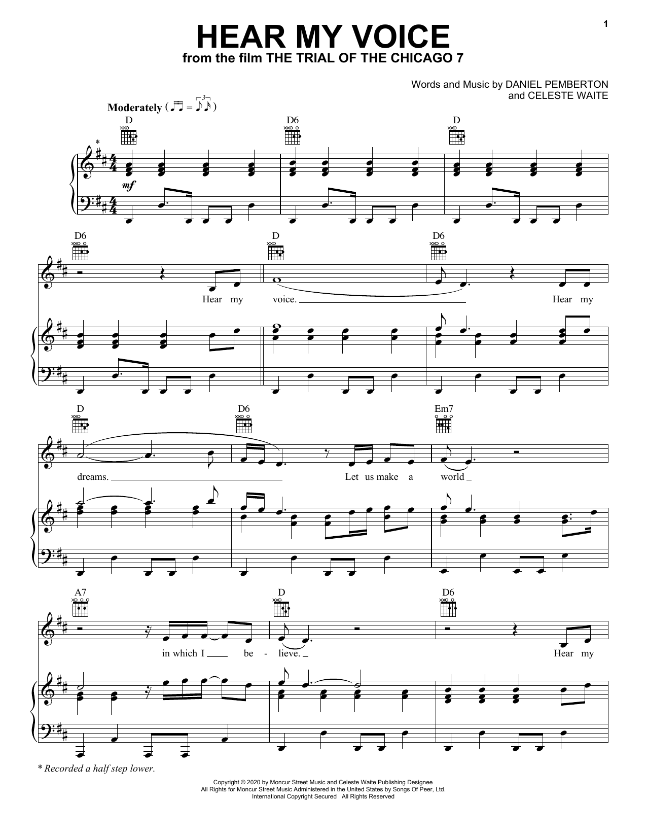 Download Celeste Hear My Voice (from The Trial Of The Chicago 7) Sheet Music and learn how to play Piano, Vocal & Guitar Chords (Right-Hand Melody) PDF digital score in minutes