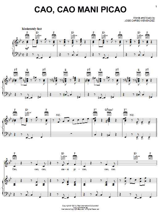 Download Celia Cruz Cao, Cao Mani Picao Sheet Music and learn how to play Piano, Vocal & Guitar (Right-Hand Melody) PDF digital score in minutes