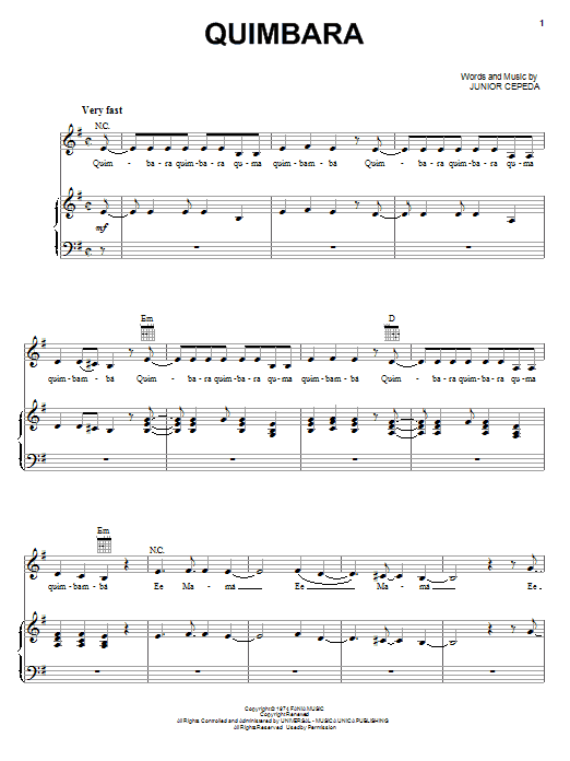 Download Celia Cruz Quimbara Sheet Music and learn how to play Piano, Vocal & Guitar (Right-Hand Melody) PDF digital score in minutes