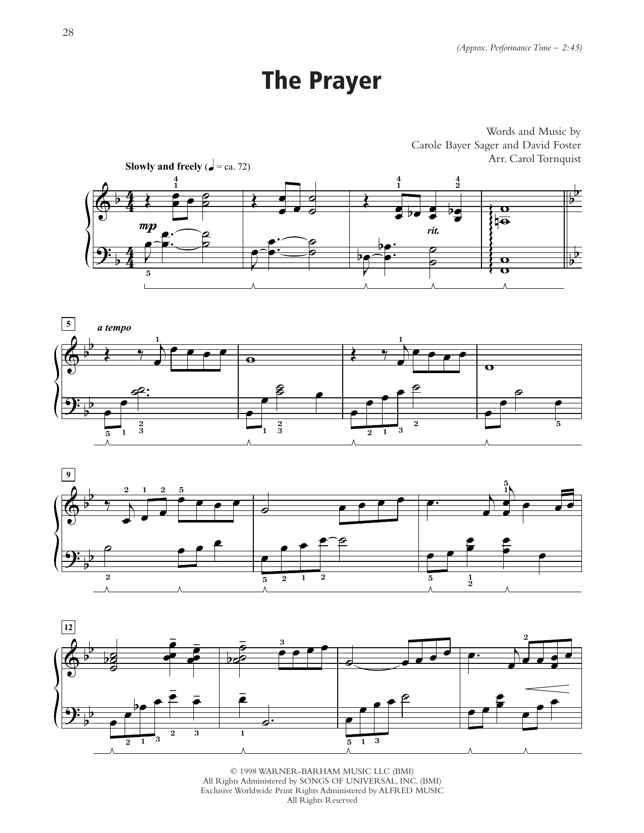 Download Celine Dion & Andrea Bocelli The Prayer (arr. Carol Tornquist) Sheet Music and learn how to play Piano Solo PDF digital score in minutes
