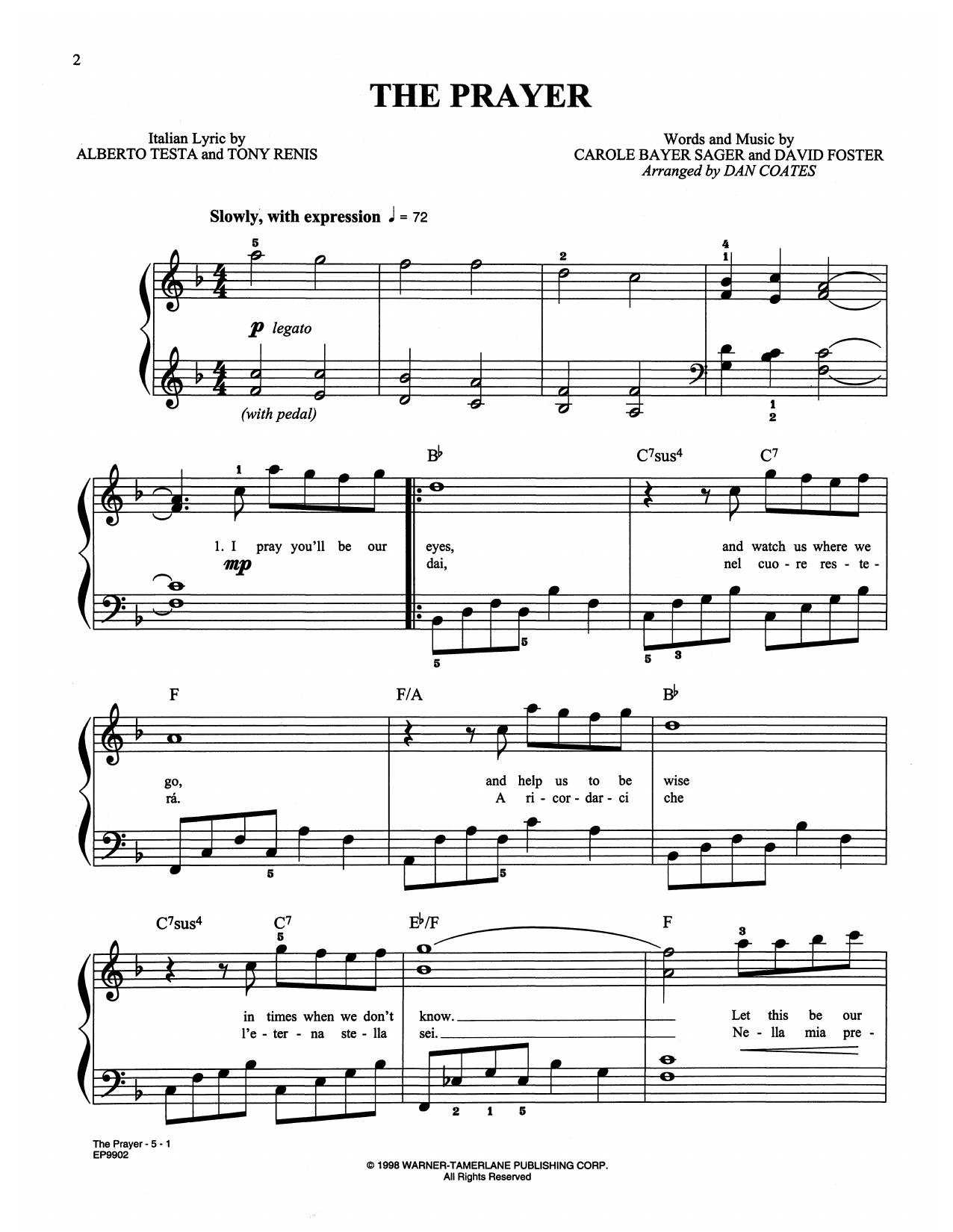 Download Celine Dion & Andrea Bocelli The Prayer (arr. Dan Coates) Sheet Music and learn how to play Easy Piano PDF digital score in minutes