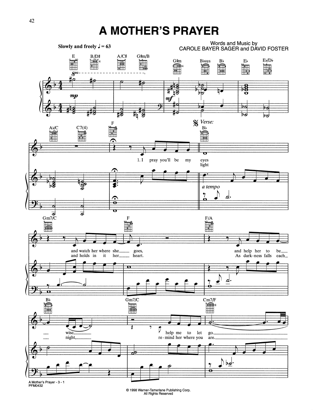 Download Celine Dion A Mother's Prayer (from Quest For Camelot) Sheet Music and learn how to play Piano, Vocal & Guitar Chords (Right-Hand Melody) PDF digital score in minutes
