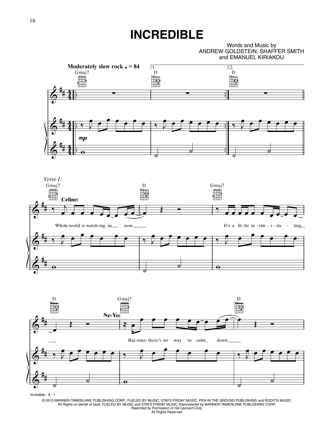 Download Céline Dion and Ne-Yo Incredible Sheet Music and learn how to play Piano, Vocal & Guitar Chords (Right-Hand Melody) PDF digital score in minutes