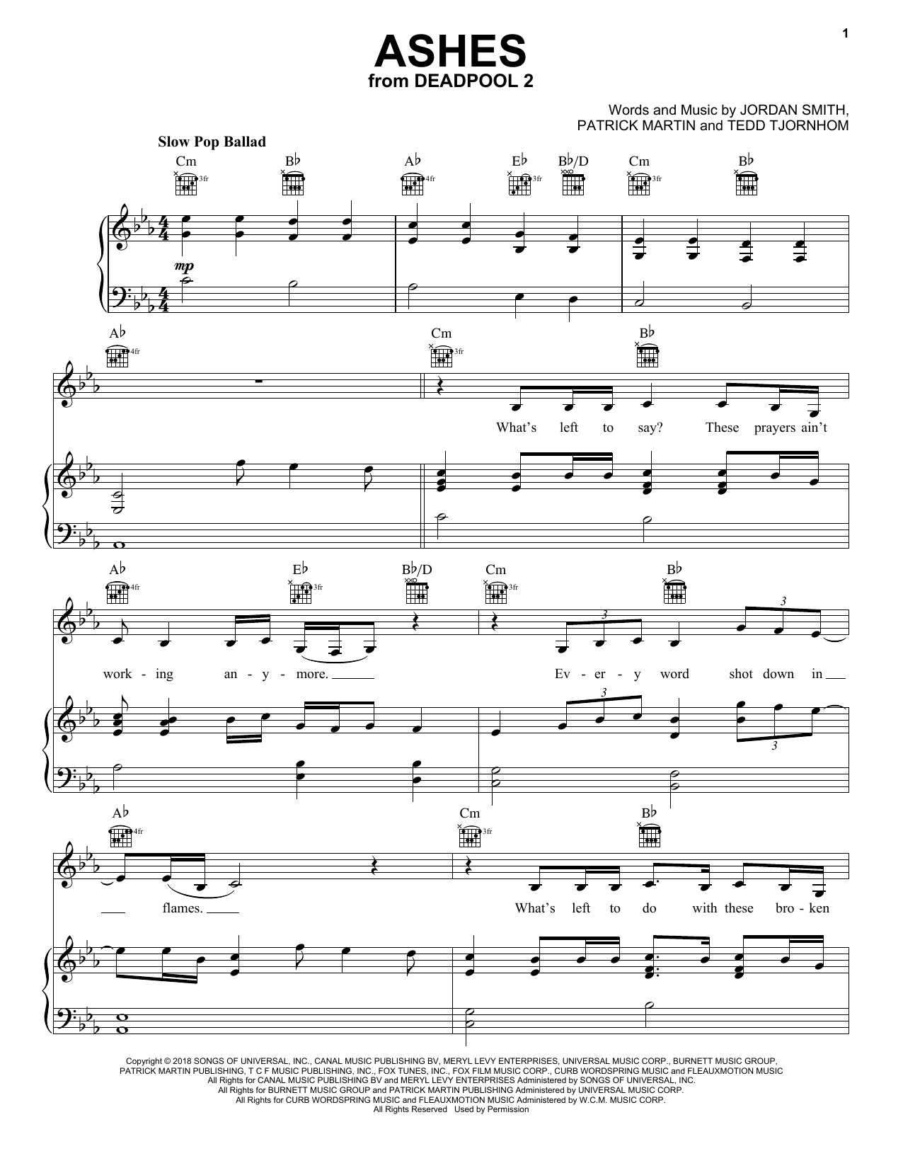 Download Celine Dion Ashes Sheet Music and learn how to play Piano, Vocal & Guitar (Right-Hand Melody) PDF digital score in minutes