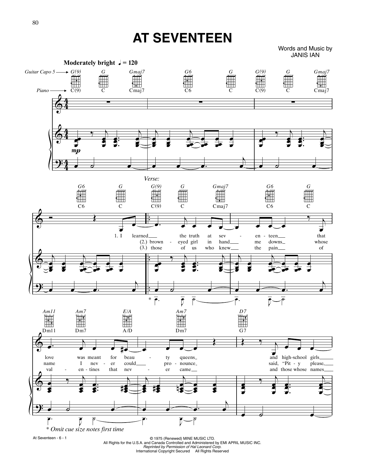 Download CÉLINE DION At Seventeen Sheet Music and learn how to play Piano, Vocal & Guitar Chords (Right-Hand Melody) PDF digital score in minutes