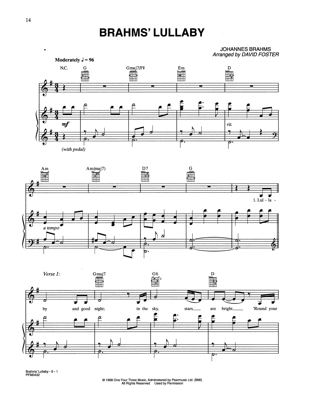 Download Celine Dion Brahm's Lullaby Sheet Music and learn how to play Piano, Vocal & Guitar Chords (Right-Hand Melody) PDF digital score in minutes