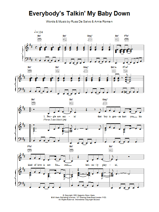 Download Celine Dion Everybody's Talkin' My Baby Down Sheet Music and learn how to play Piano, Vocal & Guitar (Right-Hand Melody) PDF digital score in minutes