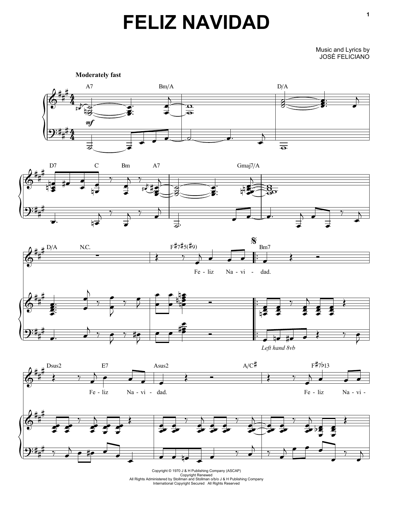 Download Jose Feliciano Feliz Navidad Sheet Music and learn how to play Piano & Vocal PDF digital score in minutes