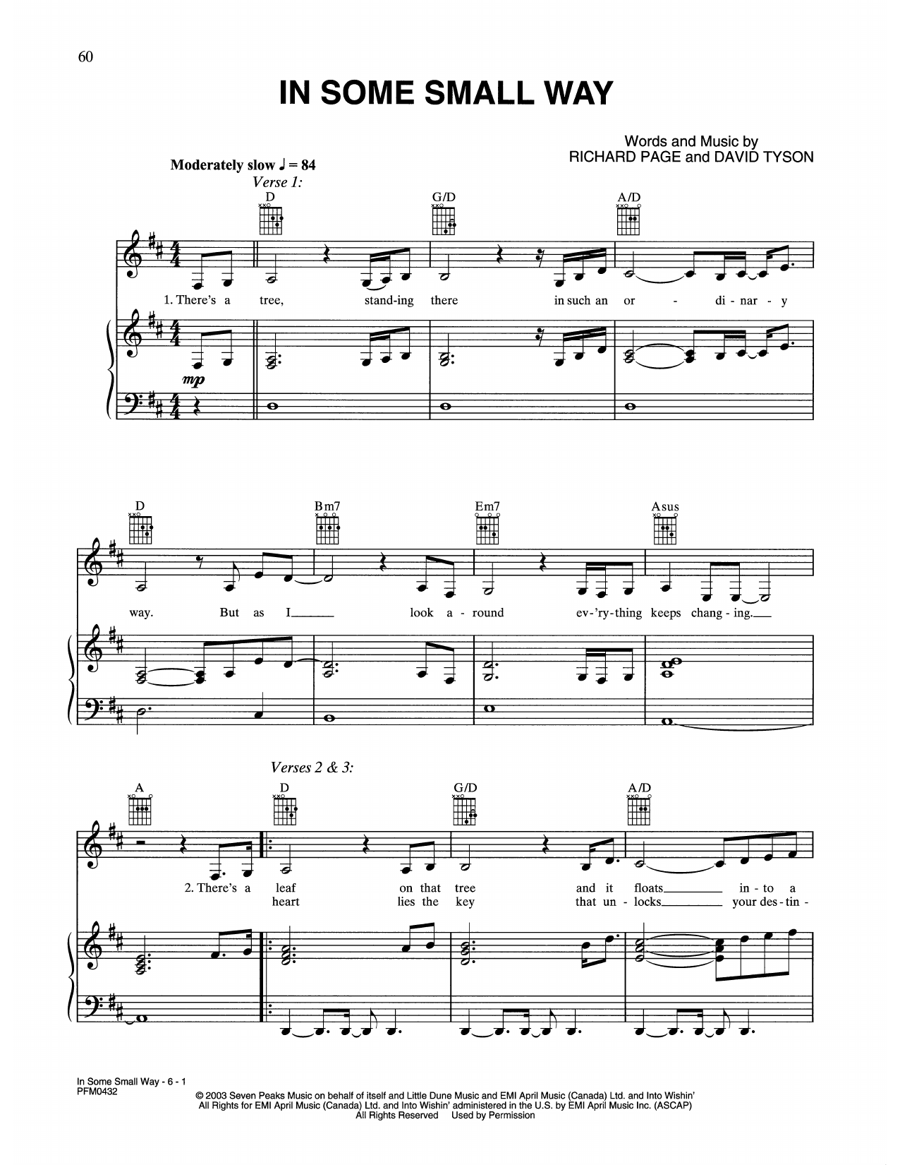 Download Celine Dion In Some Small Way Sheet Music and learn how to play Piano, Vocal & Guitar Chords (Right-Hand Melody) PDF digital score in minutes