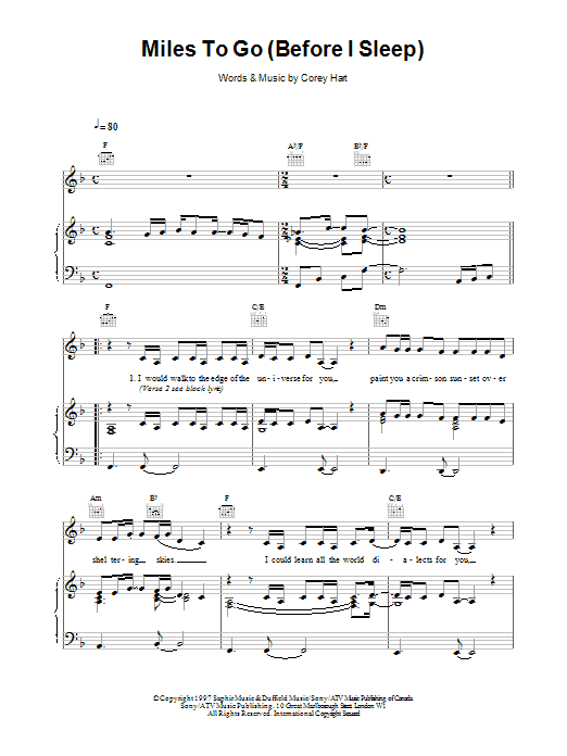 Download Celine Dion Miles To Go Before I Sleep Sheet Music and learn how to play Piano, Vocal & Guitar (Right-Hand Melody) PDF digital score in minutes