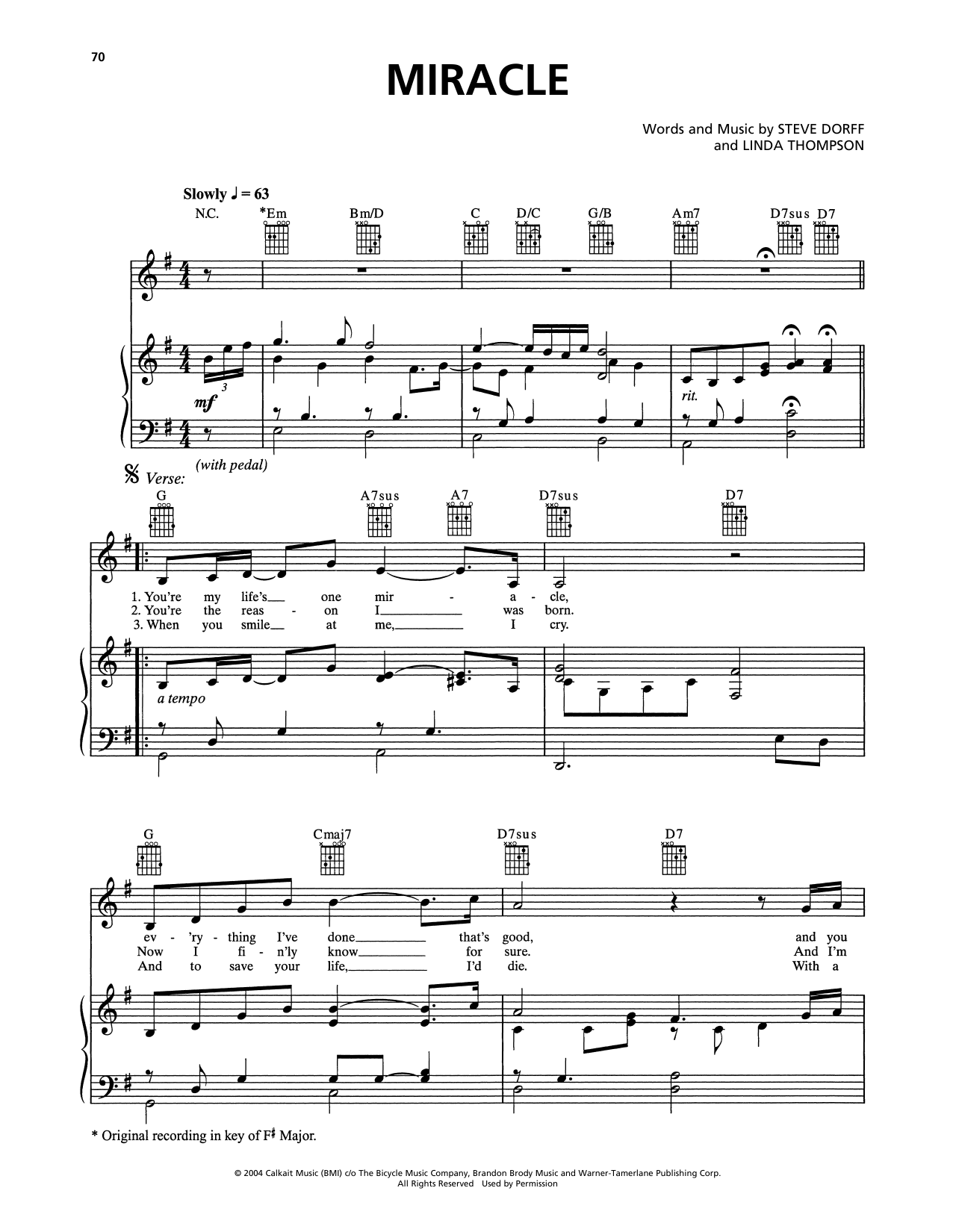 Download Celine Dion Miracle Sheet Music and learn how to play Piano, Vocal & Guitar Chords (Right-Hand Melody) PDF digital score in minutes