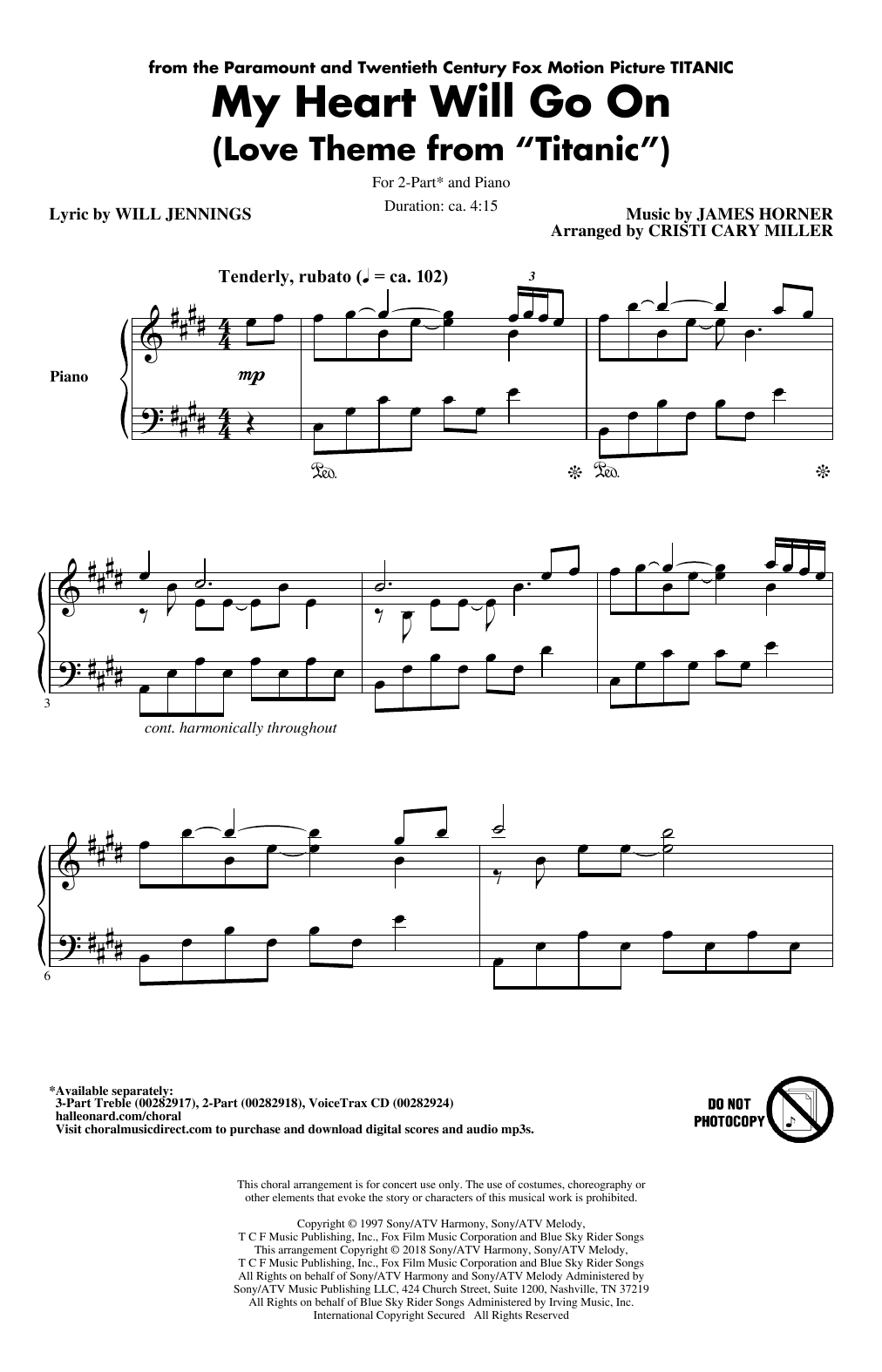 Download Celine Dion My Heart Will Go On (from Titanic) (arr. Cristi Cary Miller) Sheet Music and learn how to play 2-Part Choir PDF digital score in minutes