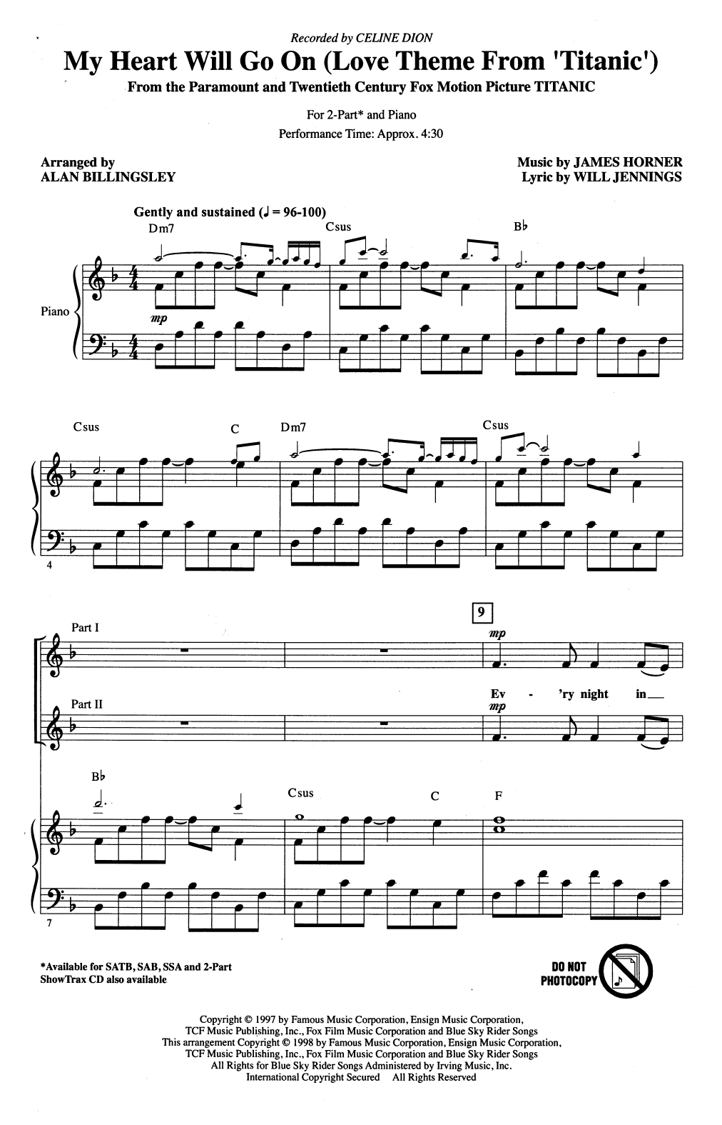 Download Celine Dion My Heart Will Go On (Love Theme From 'Titanic') (arr. Alan Billingsley) Sheet Music and learn how to play 2-Part Choir PDF digital score in minutes