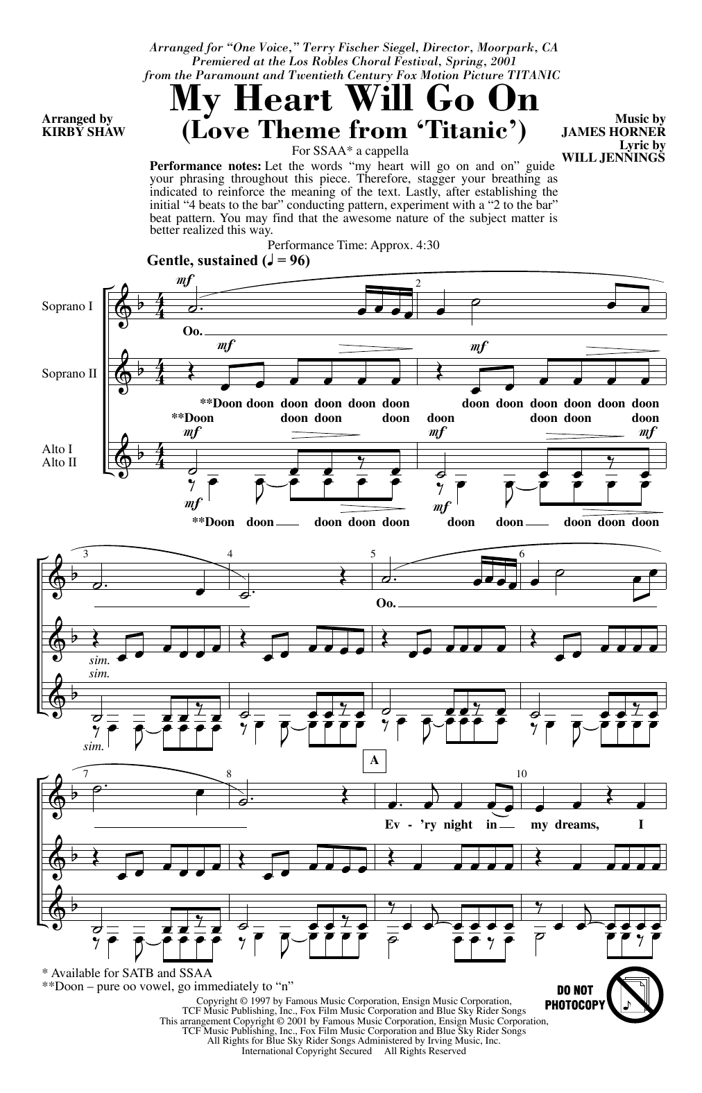 Download Celine Dion My Heart Will Go On (Love Theme From Titanic) (arr. Kirby Shaw) Sheet Music and learn how to play SSA Choir PDF digital score in minutes