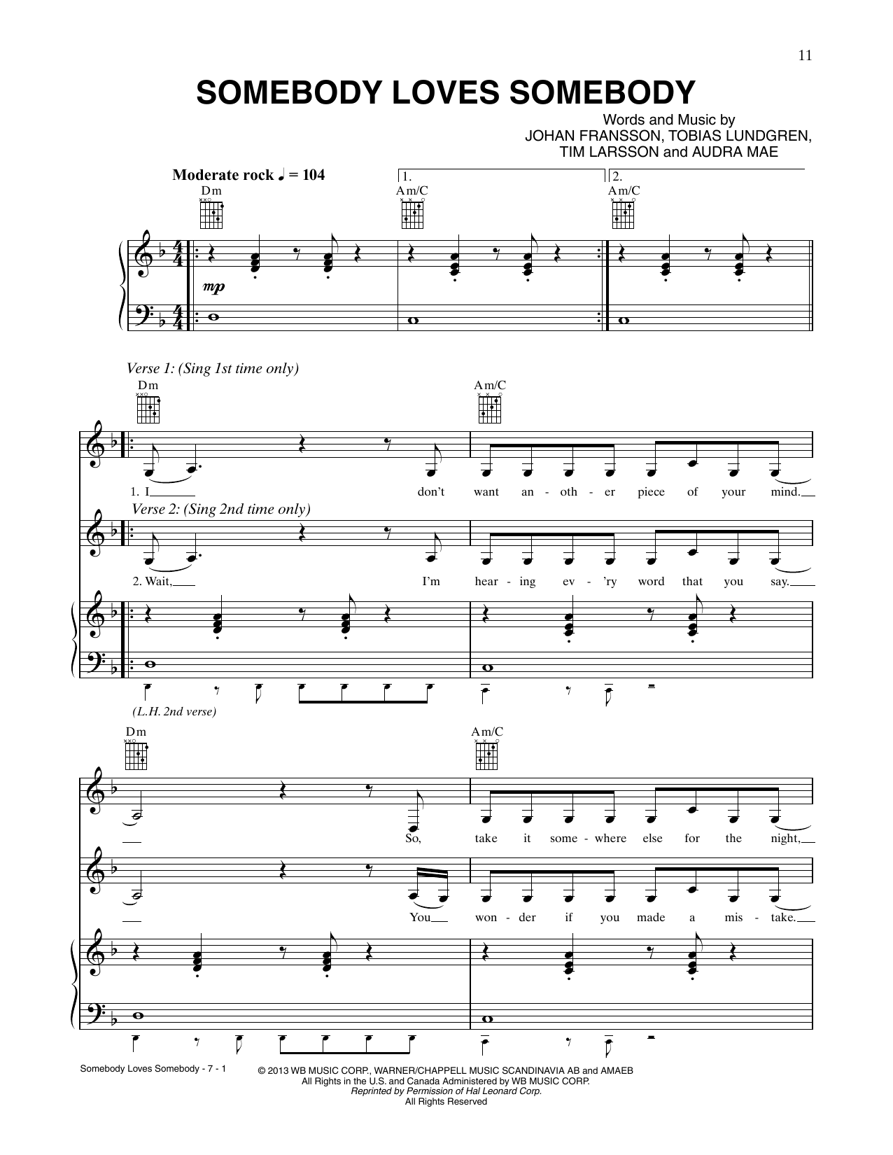 Download CÉLINE DION Somebody Loves Somebody Sheet Music and learn how to play Piano, Vocal & Guitar Chords (Right-Hand Melody) PDF digital score in minutes