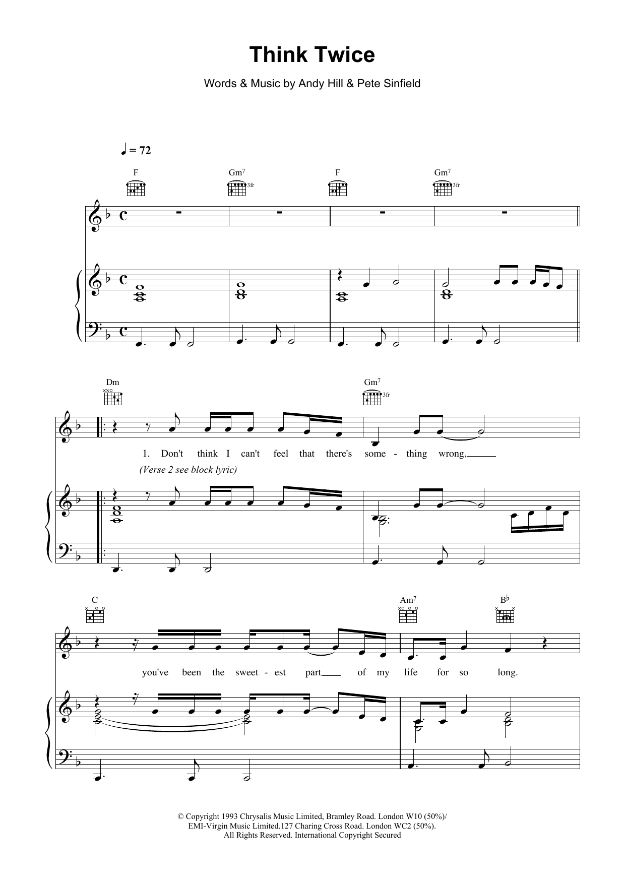 Download Celine Dion Think Twice Sheet Music and learn how to play Lyrics & Piano Chords PDF digital score in minutes