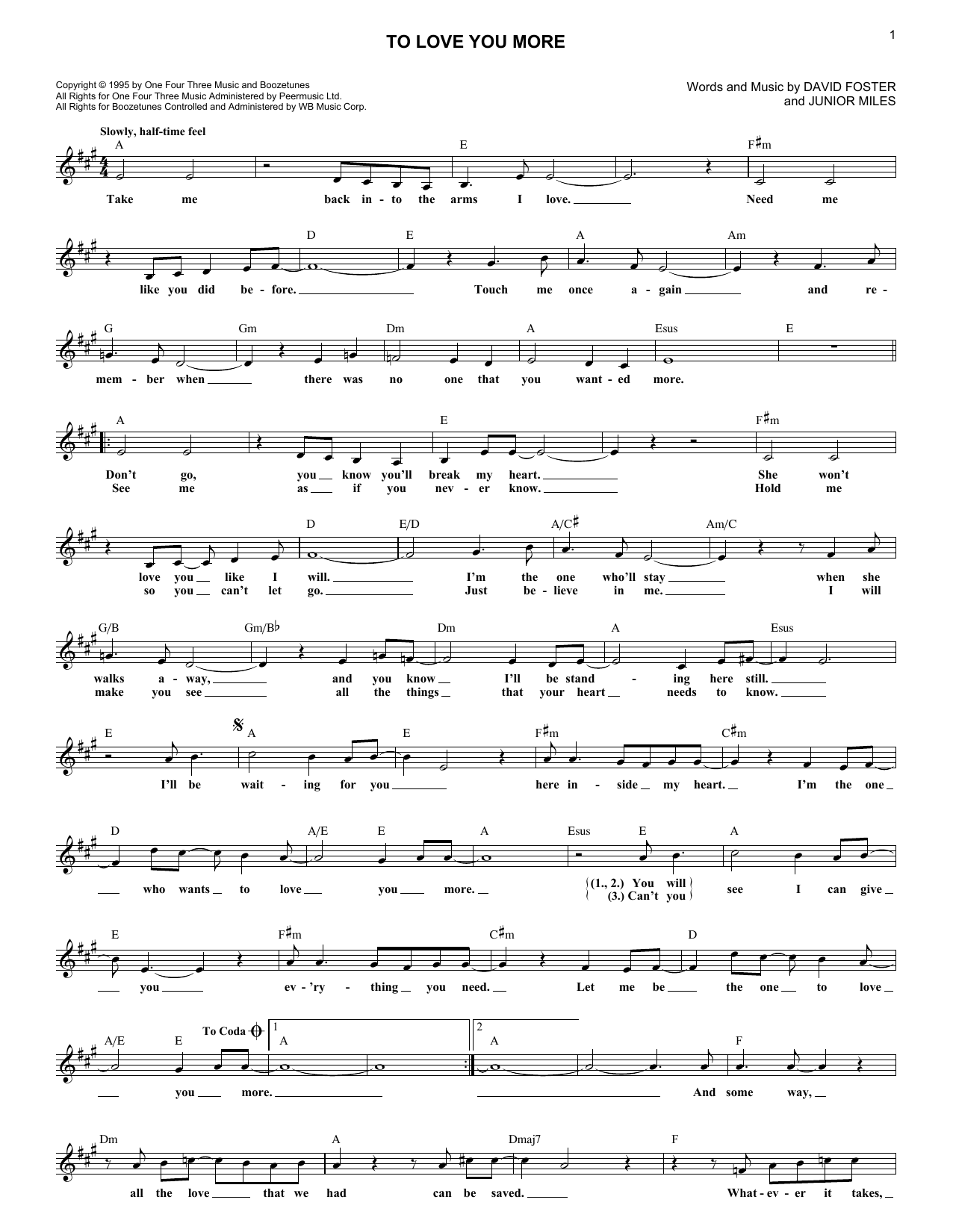 Download Celine Dion To Love You More Sheet Music and learn how to play Piano, Vocal & Guitar Chords (Right-Hand Melody) PDF digital score in minutes