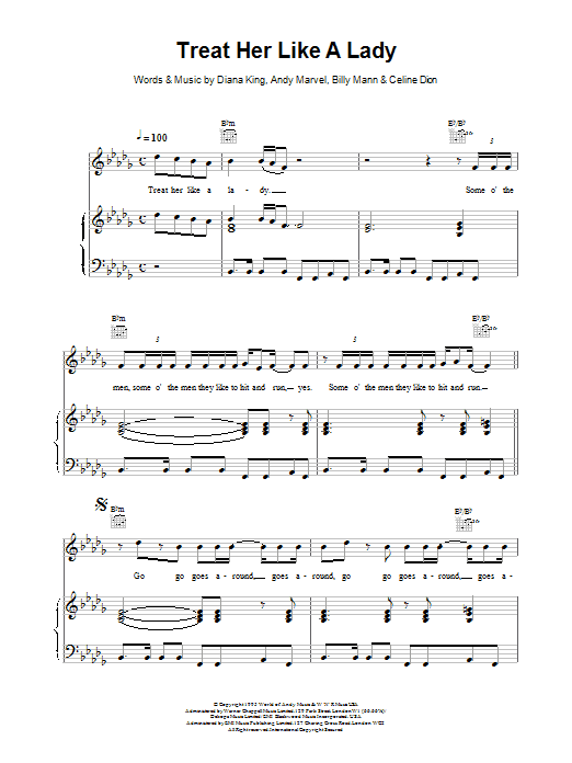 Download Celine Dion Treat Her Like A Lady Sheet Music and learn how to play Piano, Vocal & Guitar (Right-Hand Melody) PDF digital score in minutes