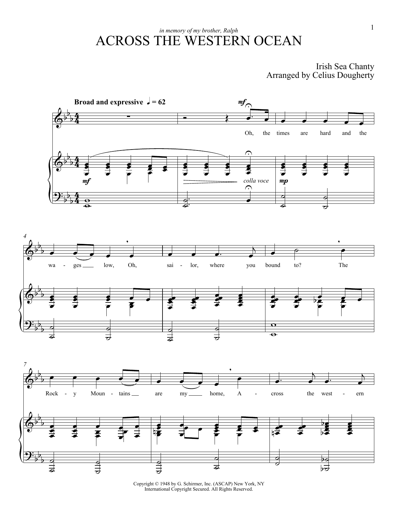 Download Celius Dougherty Across The Western Ocean (Five Sea Chanties, No. 3) Sheet Music and learn how to play Piano & Vocal PDF digital score in minutes