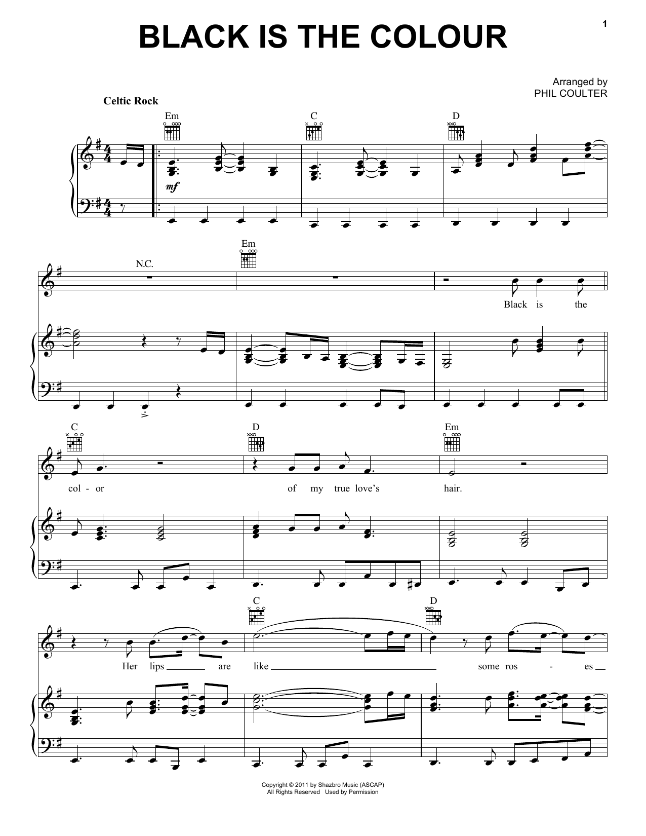 Download Celtic Thunder Black Is The Colour Sheet Music and learn how to play Piano, Vocal & Guitar (Right-Hand Melody) PDF digital score in minutes