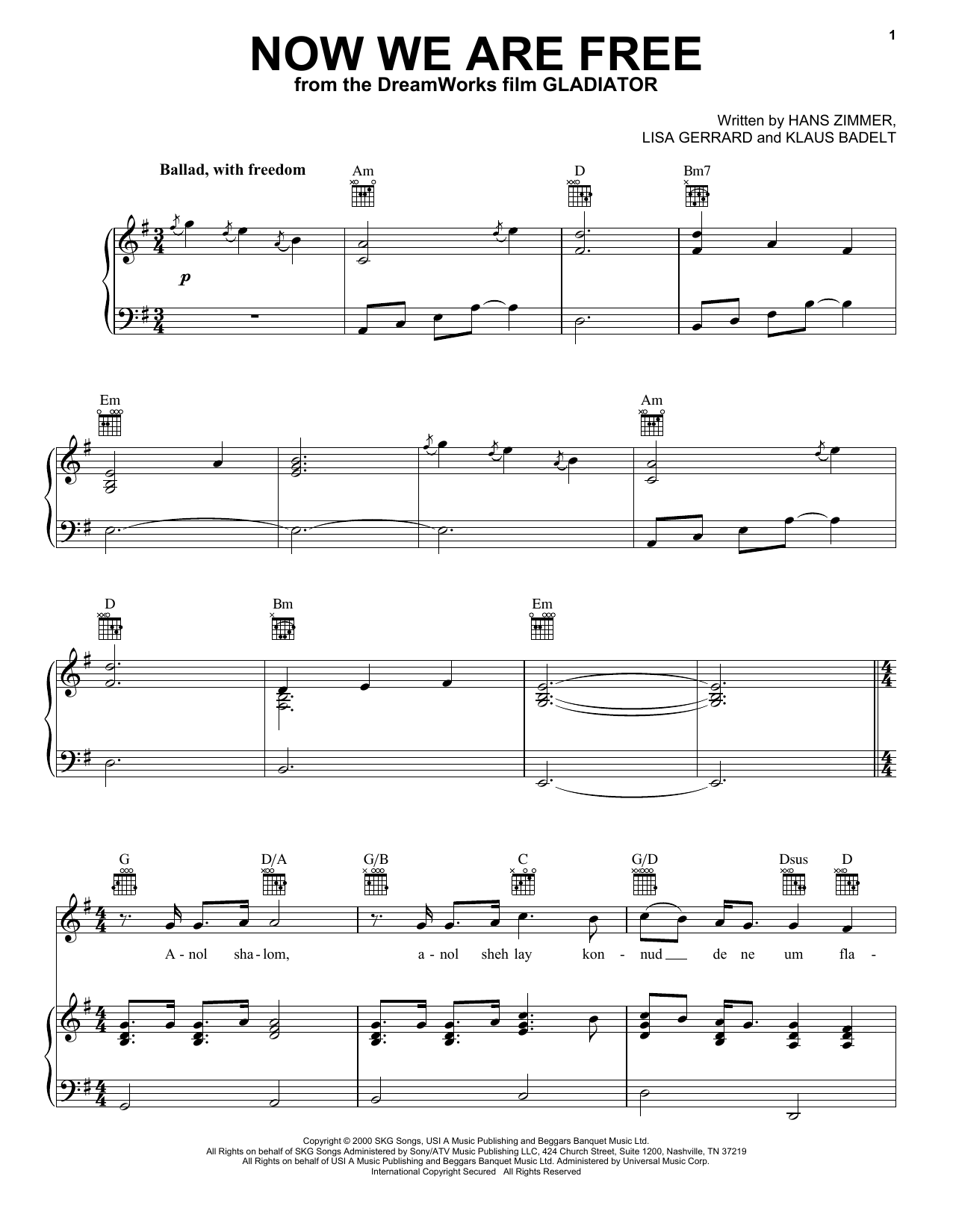 Download Celtic Thunder Now We Are Free Sheet Music and learn how to play Piano, Vocal & Guitar (Right-Hand Melody) PDF digital score in minutes