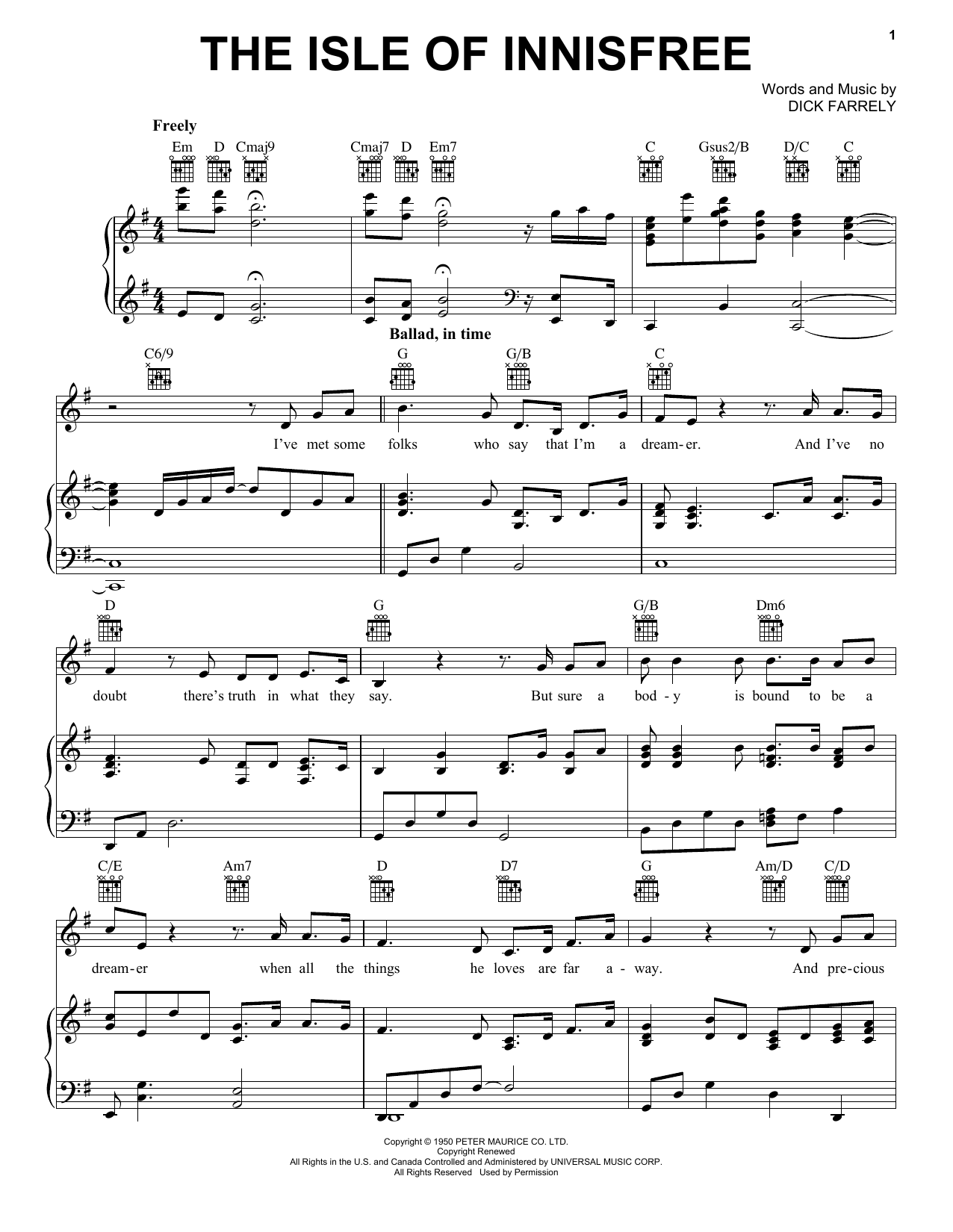 Download Celtic Thunder The Isle Of Innisfree Sheet Music and learn how to play Piano, Vocal & Guitar (Right-Hand Melody) PDF digital score in minutes