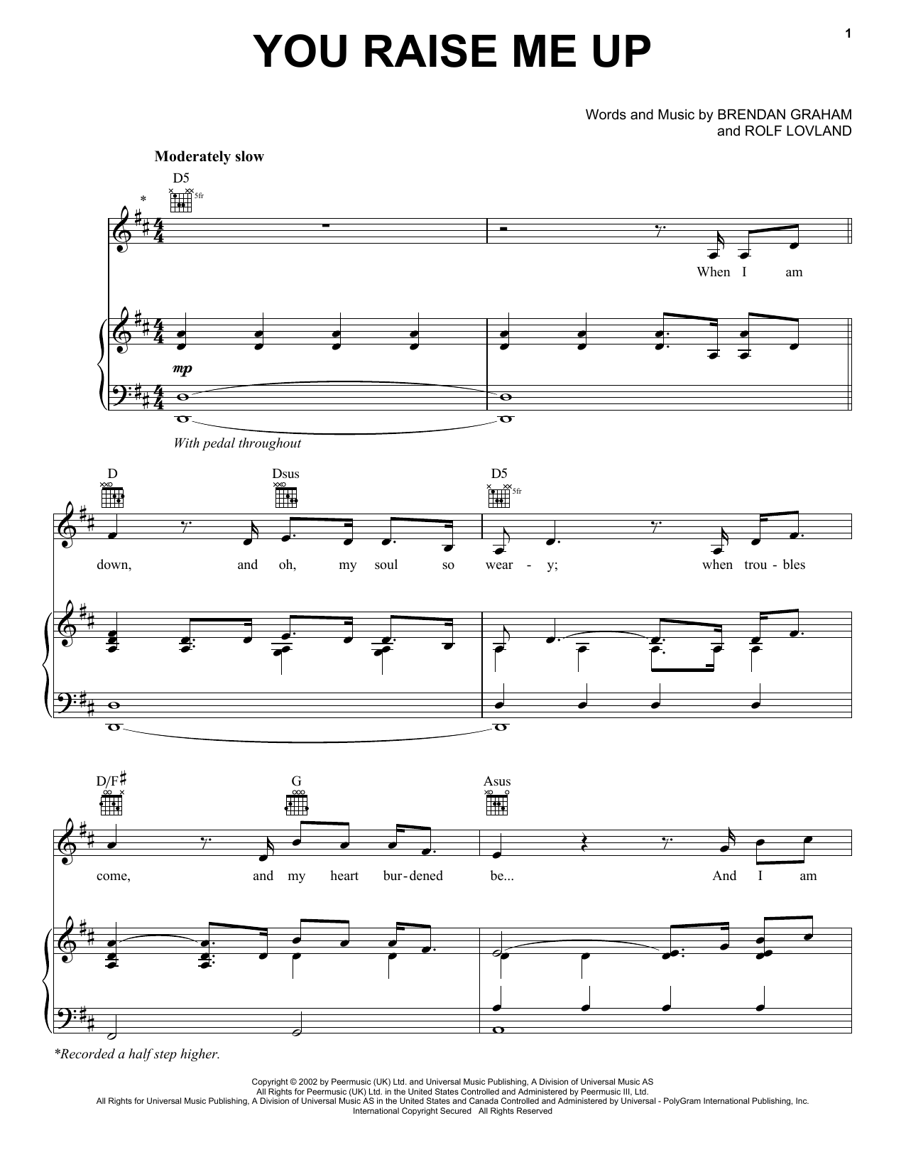 Download Celtic Thunder You Raise Me Up Sheet Music and learn how to play Piano, Vocal & Guitar (Right-Hand Melody) PDF digital score in minutes