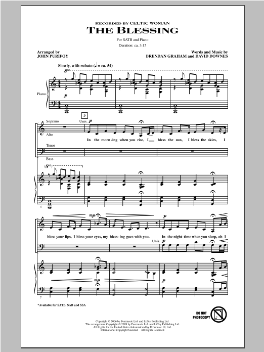 Download Celtic Woman The Blessing (arr. John Purifoy) Sheet Music and learn how to play SSA PDF digital score in minutes
