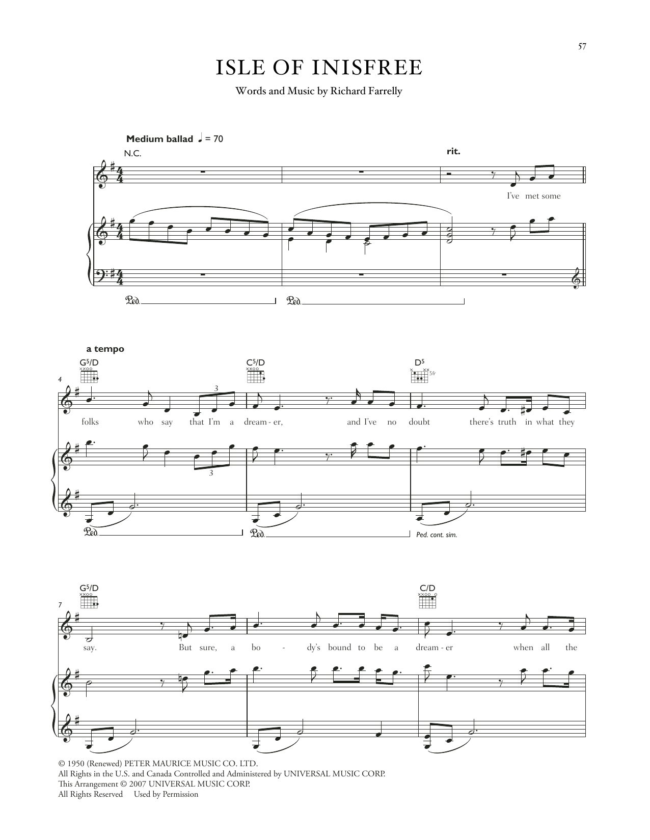 Download Celtic Woman The Isle Of Innisfree Sheet Music and learn how to play Piano, Vocal & Guitar Chords (Right-Hand Melody) PDF digital score in minutes