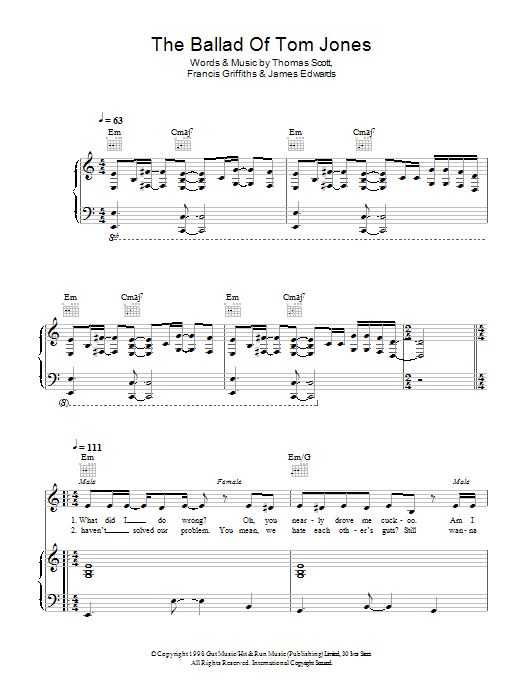 Download Cerys Matthews & Space The Ballad Of Tom Jones Sheet Music and learn how to play Piano, Vocal & Guitar PDF digital score in minutes