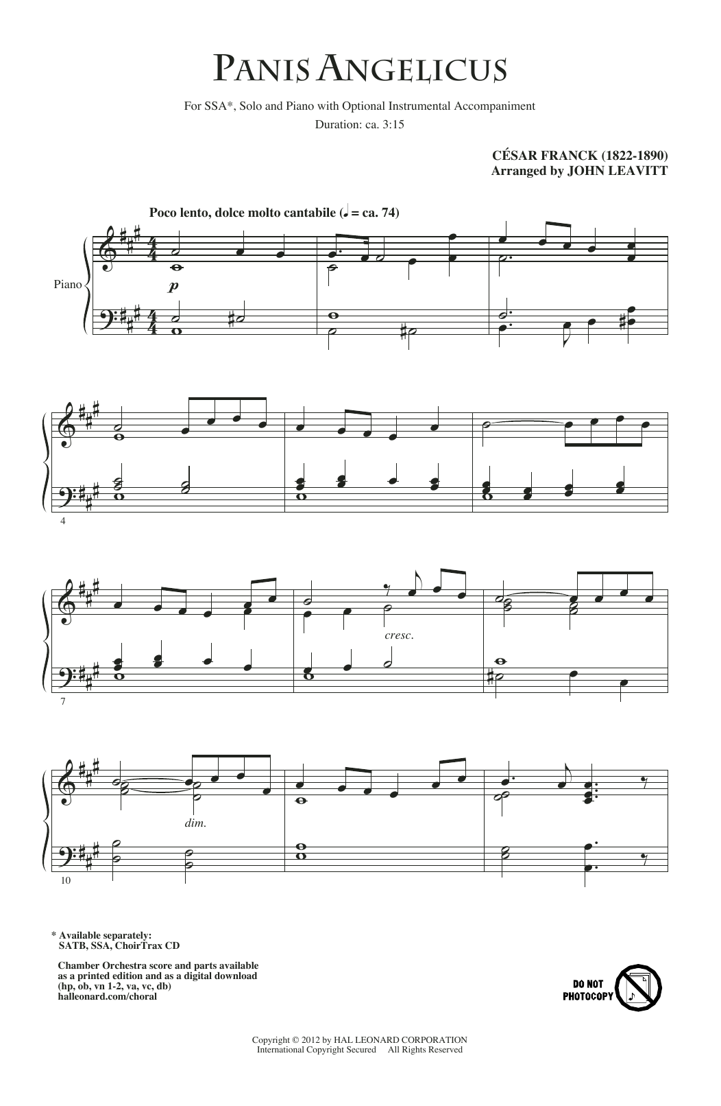 Download Cesar Franck Panis Angelicus (arr. John Leavitt) Sheet Music and learn how to play SSA Choir PDF digital score in minutes