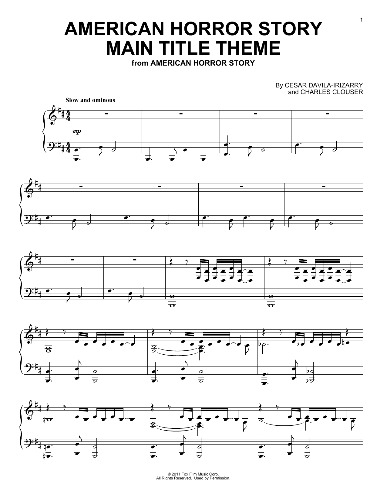 Download Cesar Davila-Irizarry American Horror Story (Main Title Theme) Sheet Music and learn how to play Piano Solo PDF digital score in minutes