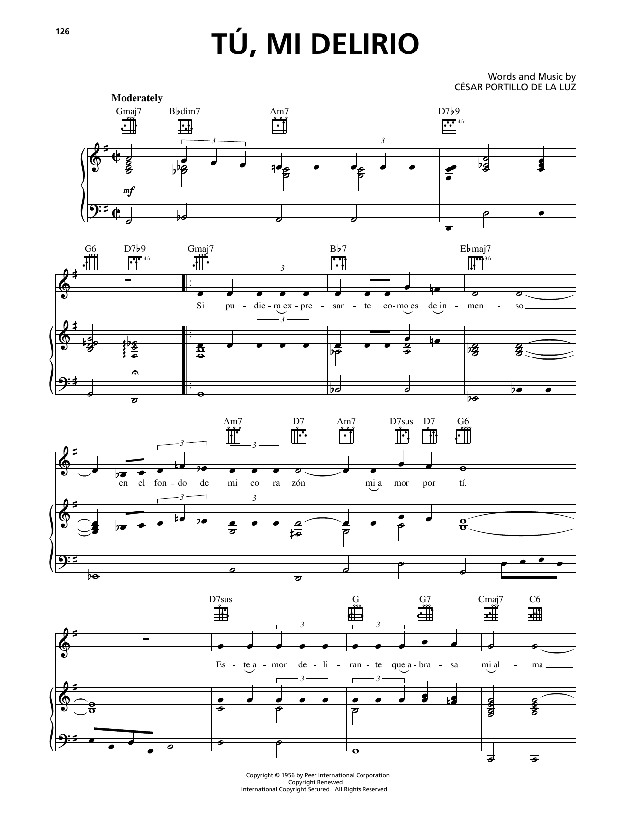 Download Cesar Portillo de la Luz Tu, Mi Delirio Sheet Music and learn how to play Piano, Vocal & Guitar Chords (Right-Hand Melody) PDF digital score in minutes