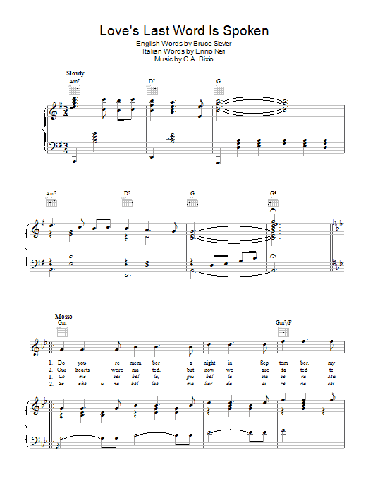 Download Cesare Bixio Love's Last Word Is Spoken Sheet Music and learn how to play Piano, Vocal & Guitar (Right-Hand Melody) PDF digital score in minutes