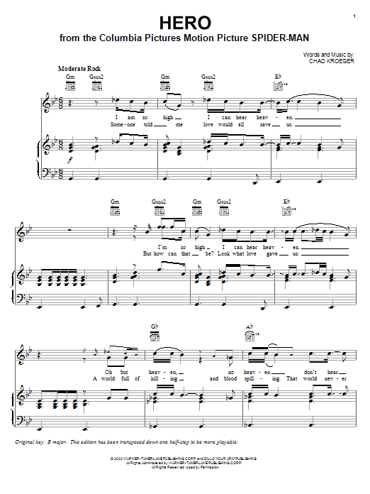 Download Chad Kroeger Hero Sheet Music and learn how to play Piano, Vocal & Guitar (Right-Hand Melody) PDF digital score in minutes