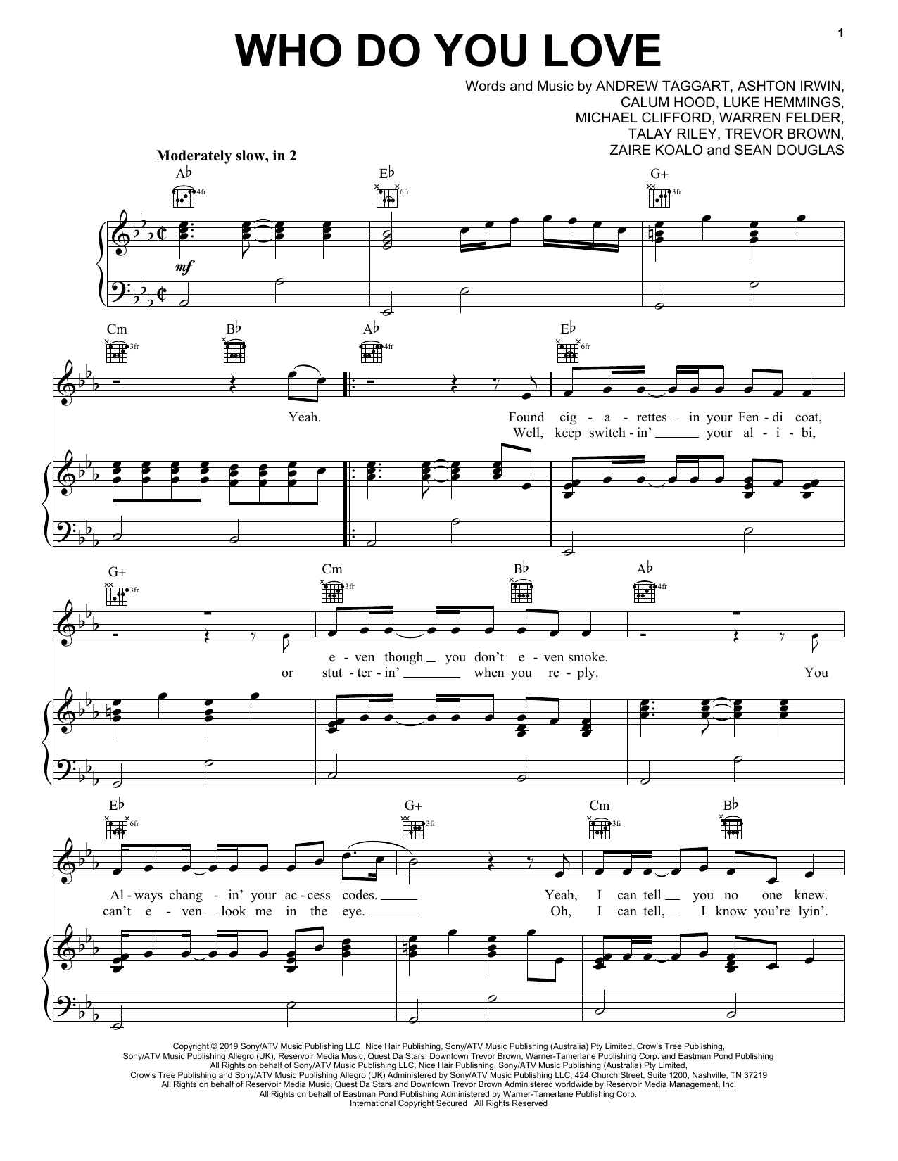 Download Chainsmokers Who Do You Love (feat. 5 Seconds of Summer) Sheet Music and learn how to play Piano, Vocal & Guitar Chords (Right-Hand Melody) PDF digital score in minutes