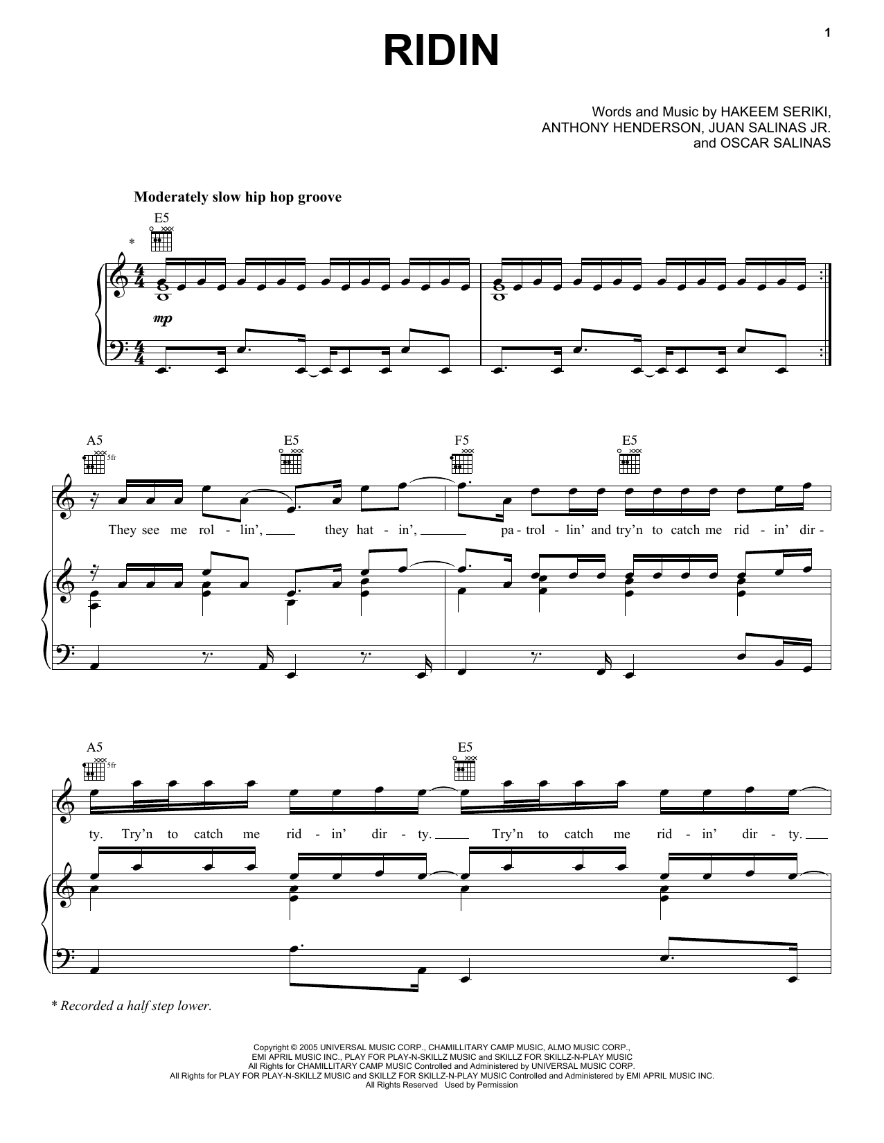 Download Chamillionaire Ridin Sheet Music and learn how to play Piano, Vocal & Guitar (Right-Hand Melody) PDF digital score in minutes