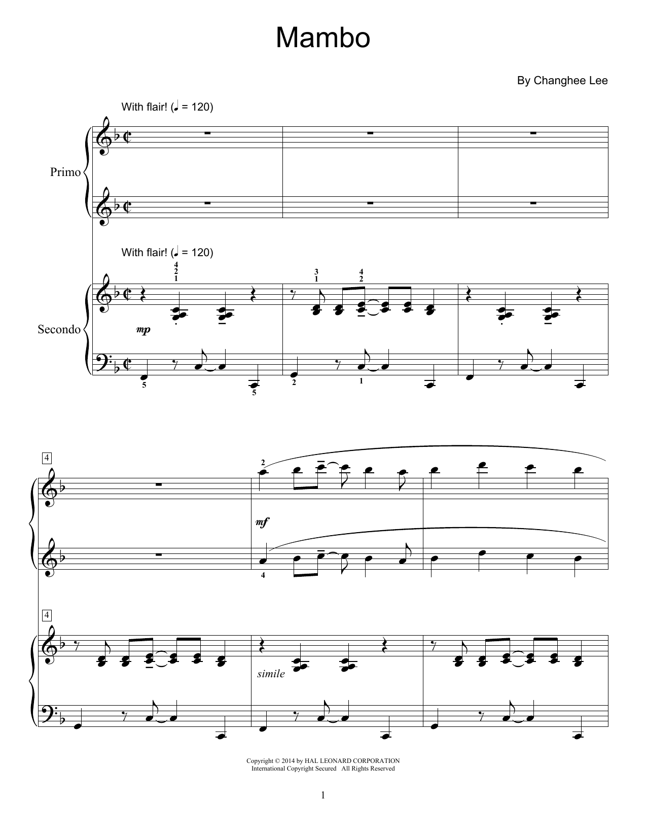 Download Changhee Lee Mambo Sheet Music and learn how to play Piano Duet PDF digital score in minutes