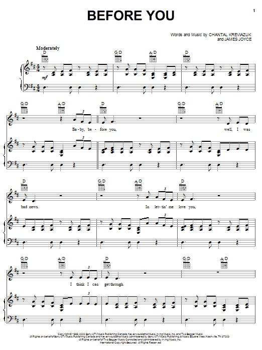 Download Chantal Kreviazuk Before You Sheet Music and learn how to play Piano, Vocal & Guitar (Right-Hand Melody) PDF digital score in minutes