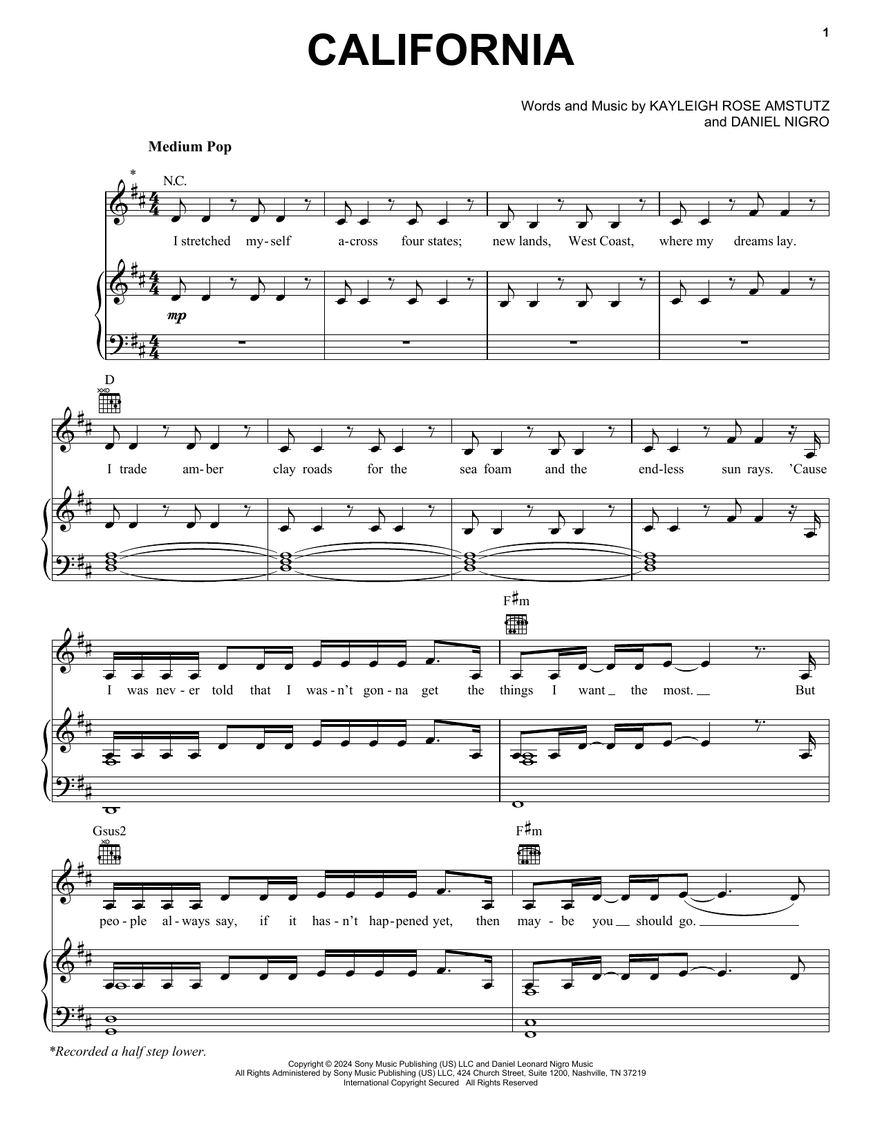 Download Chappell Roan California Sheet Music and learn how to play Piano, Vocal & Guitar Chords (Right-Hand Melody) PDF digital score in minutes