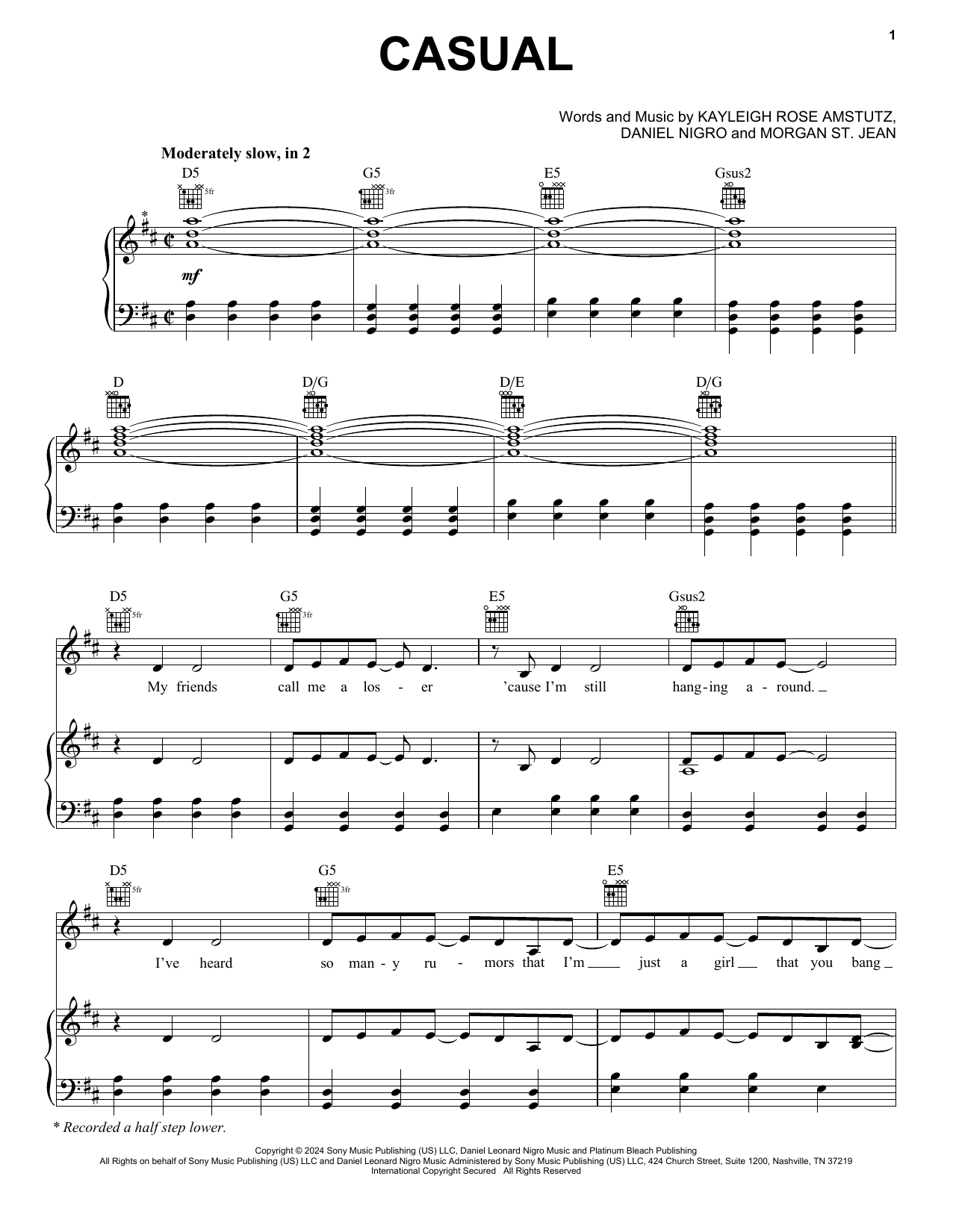 Download Chappell Roan Casual Sheet Music and learn how to play Piano, Vocal & Guitar Chords (Right-Hand Melody) PDF digital score in minutes